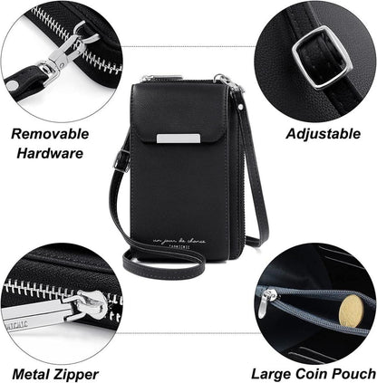 Handytasche Damen Umhängetasche mit Geldbörse PU Leder Crossbody Tasche Schwarz