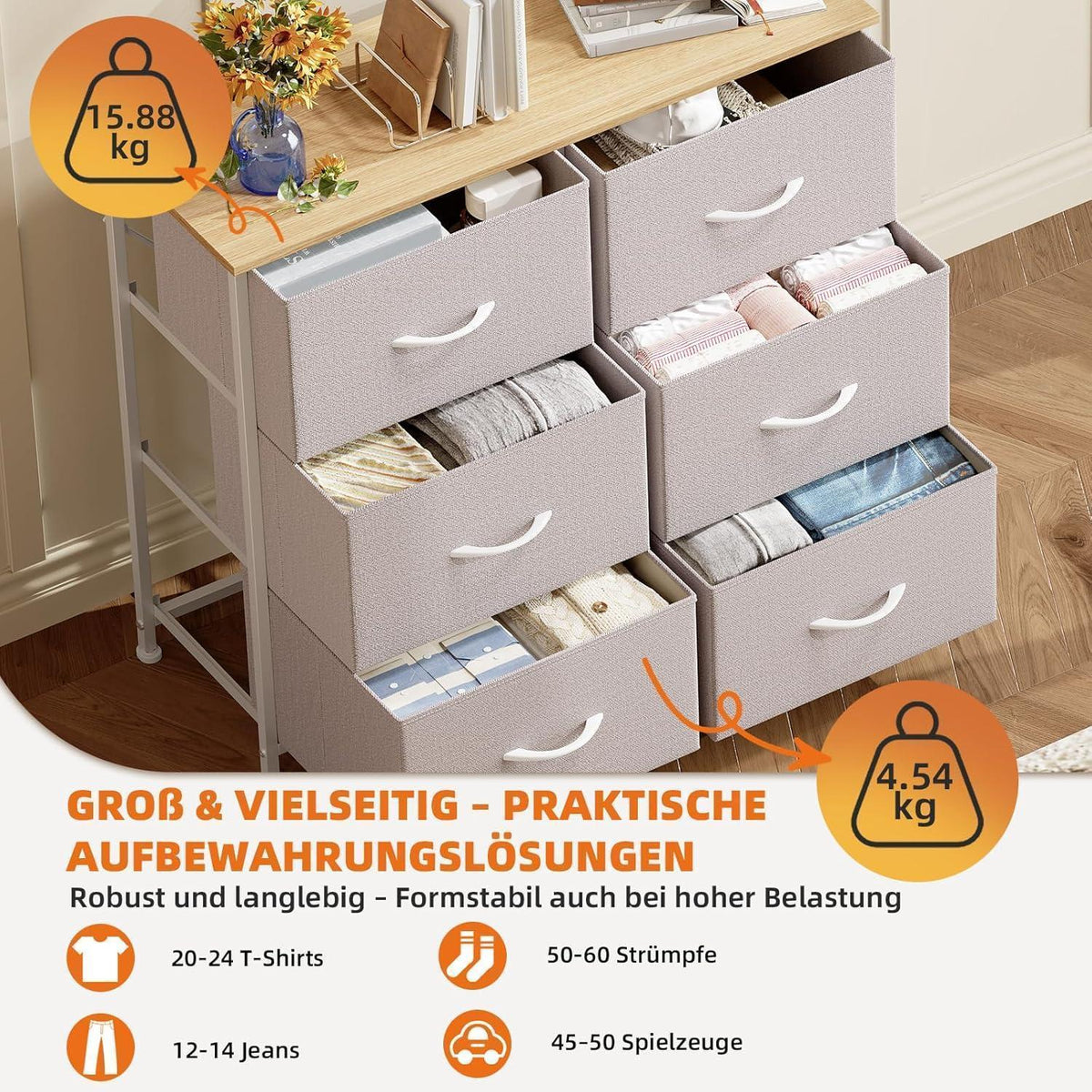 Kommode mit 6 Stoffschubladen – Grau, 30x80x71,5 cm