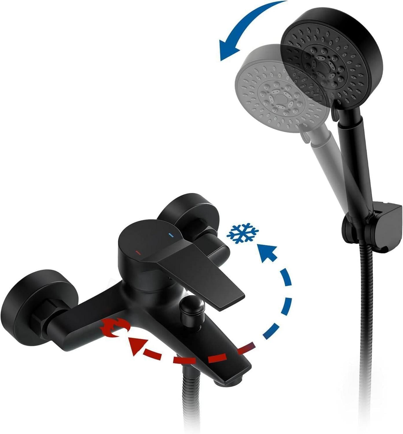 Auralum Badewannenarmatur Schwarz mit Handbrause 5 Funktionen