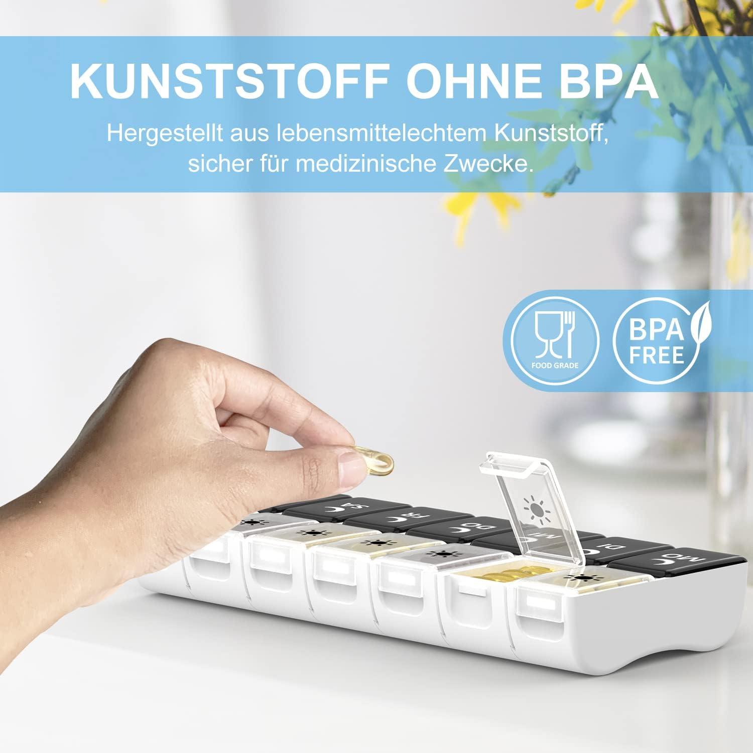 Tablettenbox 7 Tage BPA-frei Abnehmbar Große Etiketten Schwarz