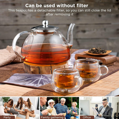 Teekanne 1300ML Borosilikatglas Edelstahl-Sieb Spülmaschinenfest