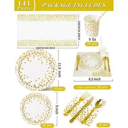 141Stück Weißgold Partygeschirr Set mit goldenem Punkt