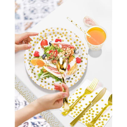 141Stück Weißgold Partygeschirr Set mit goldenem Punkt