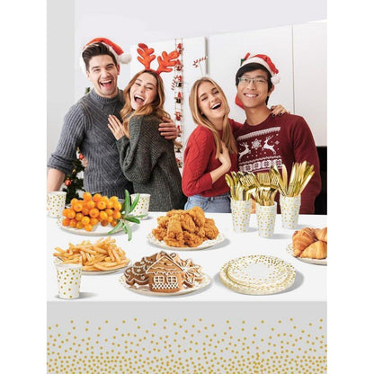 141Stück Weißgold Partygeschirr Set mit goldenem Punkt