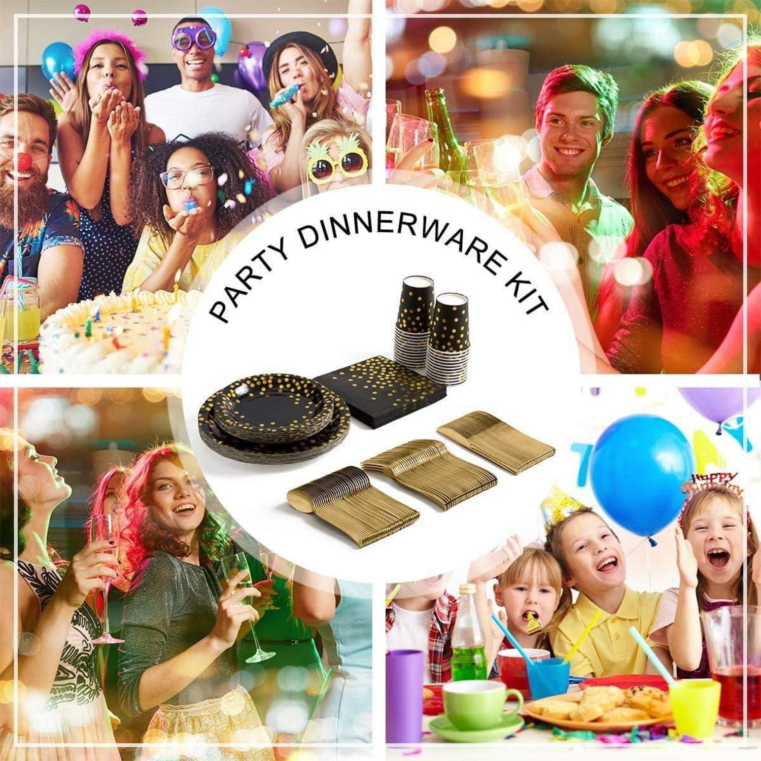 Schwarzesgold Partygeschirr Set, 141-teilig, Pappteller, Becher, Servietten