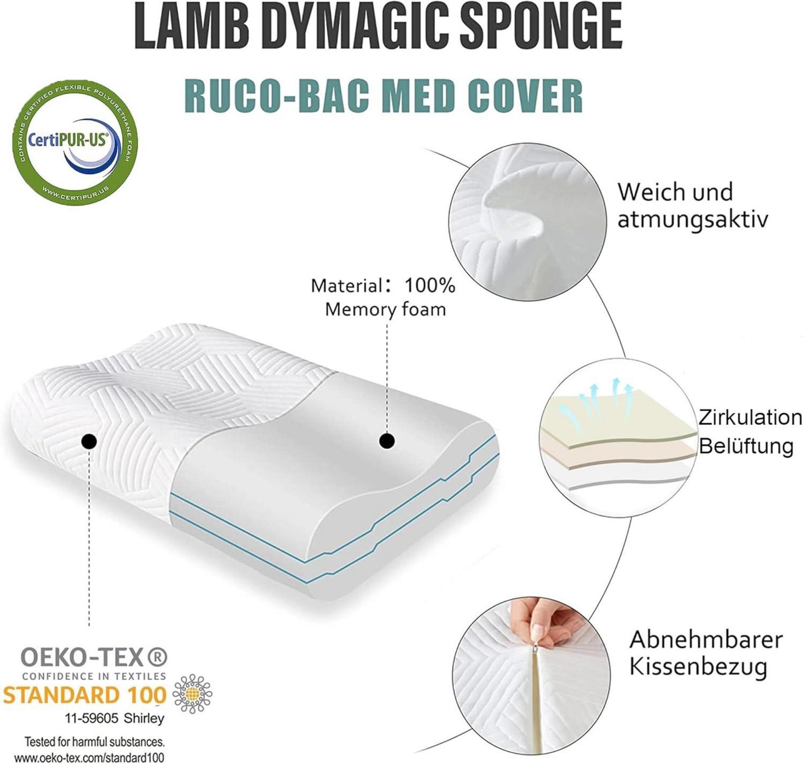 LAMB Höheneinstellbares Memory Foam Nackenstützkissen Bezug Weiß 60x36x12cm