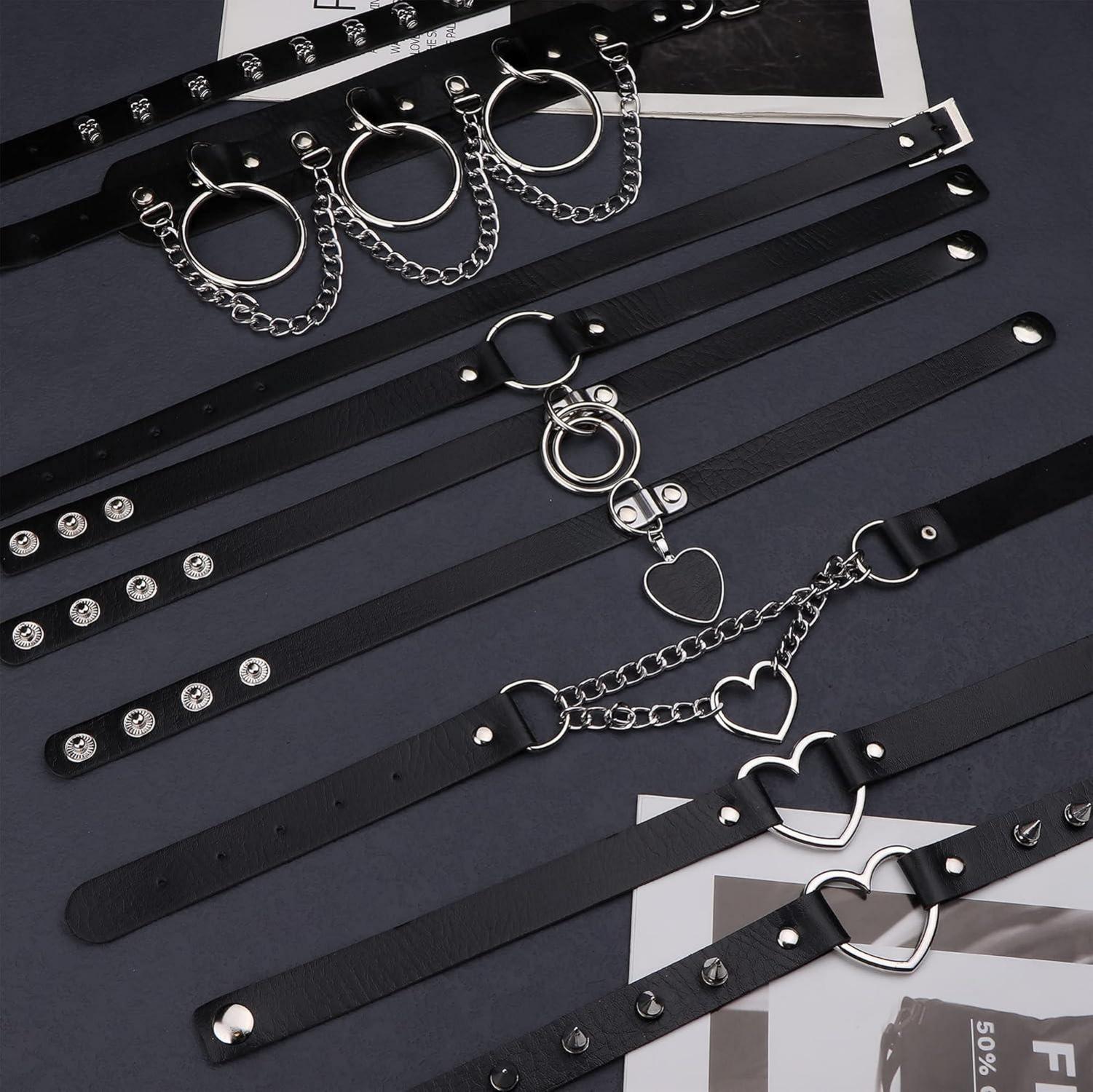 Gothic Punk Choker Halsband Set Damen Schwarz PU Leder Nieten Verstellbar
