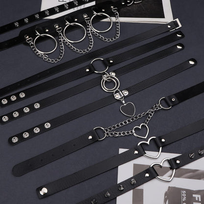 Gothic Punk Choker Halsband Set Damen Schwarz PU Leder Nieten Verstellbar
