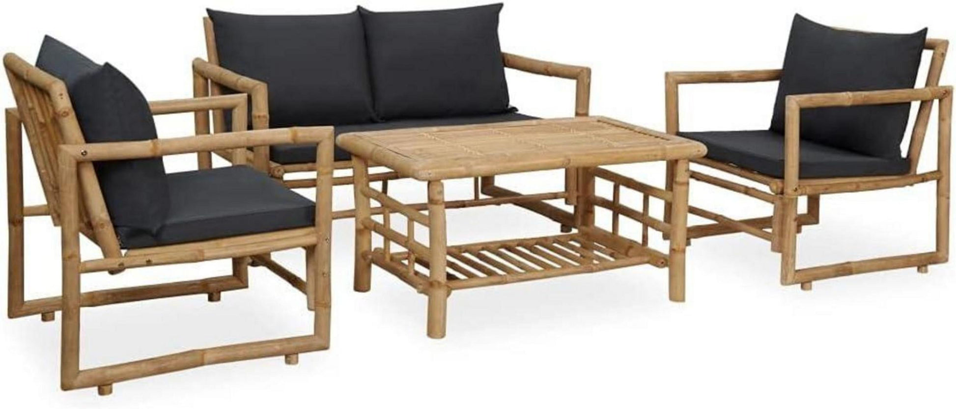 Gartenmöbel Bambus 4-TLG. mit Auflagen Bank Stuhl Tisch