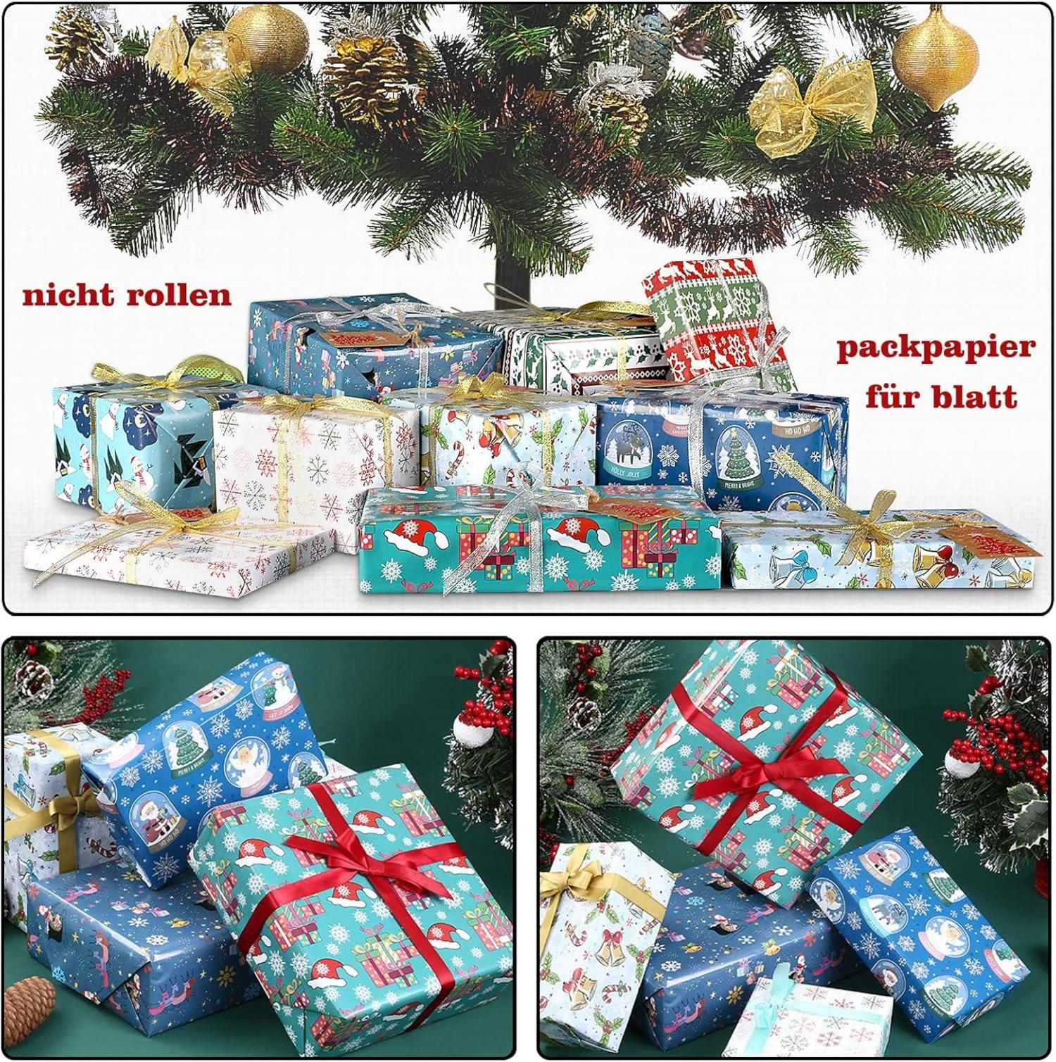 Weihnachtsgeschenkpapier Set Recycling 12 Blatt 70x50cm Edel Packpapier Geschenkbänder