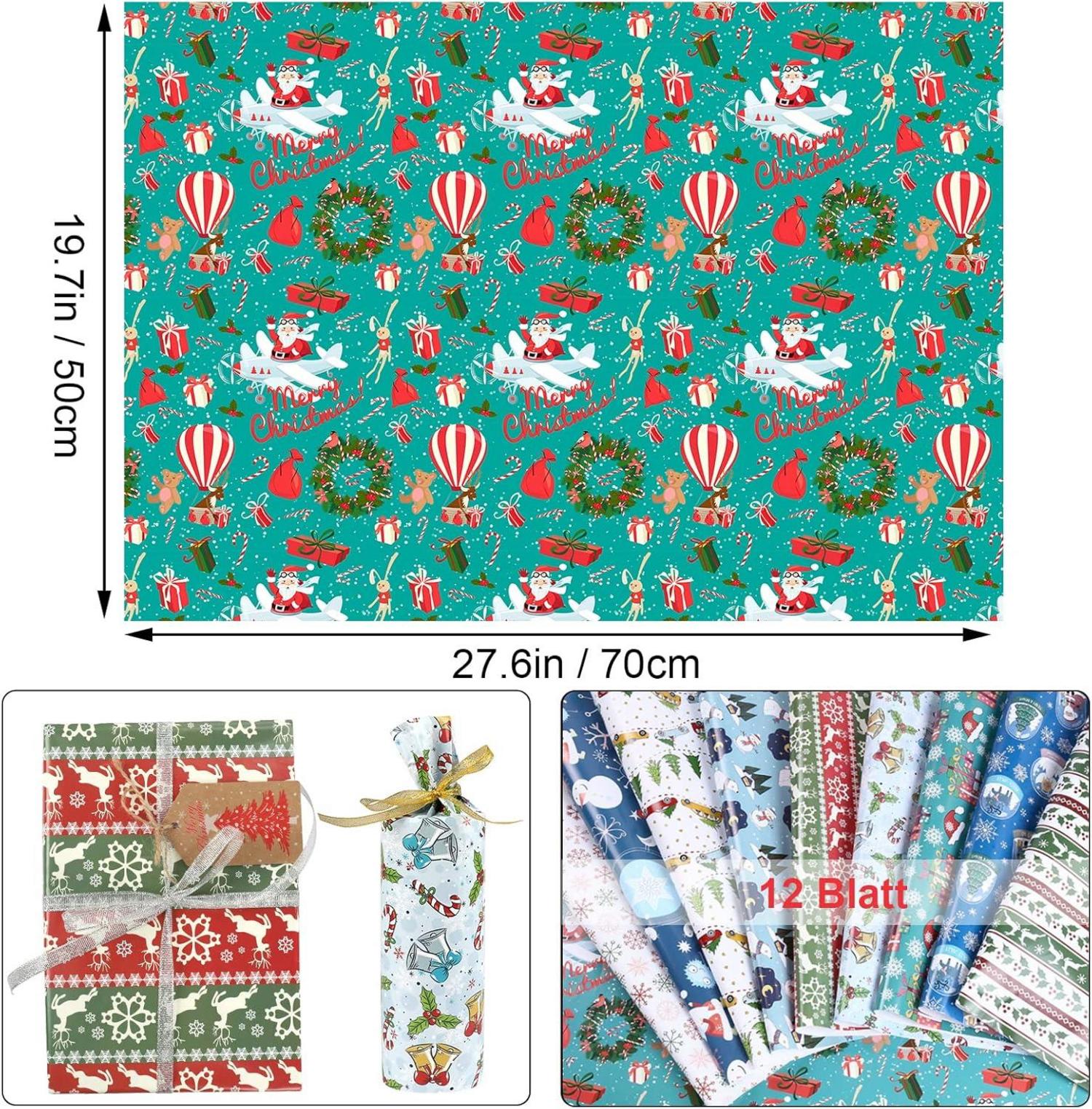 Weihnachtsgeschenkpapier Set Recycling Edel 70x50cm 12 Blatt Geschenkbänder