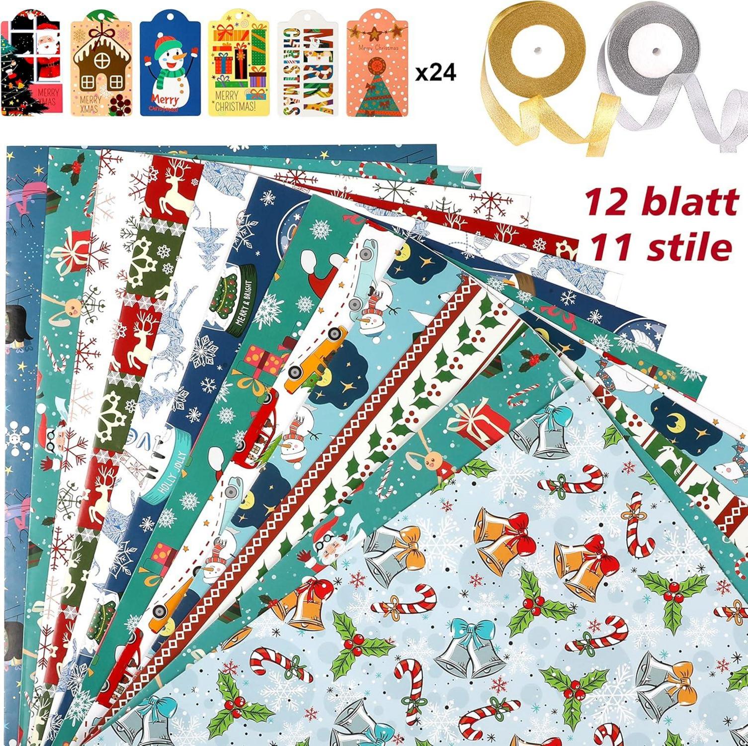 Geschenkpapier Weihnachten Set Recycling 70x50cm 12 Blatt Packpapier