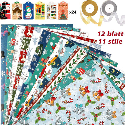 Geschenkpapier Weihnachten Set Recycling 70x50cm 12 Blatt Packpapier