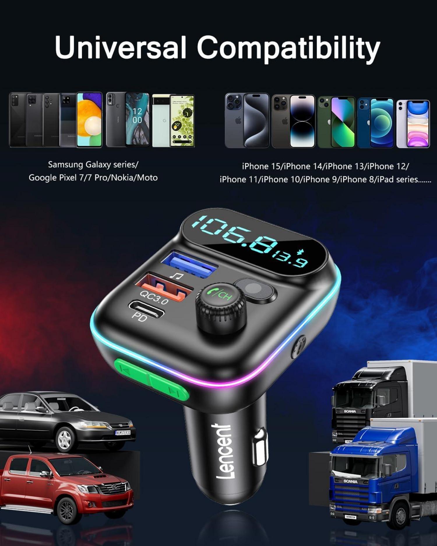 LENCENT Auto FM Transmitter Bluetooth Adapter V5.0 Freisprecheinrichtung