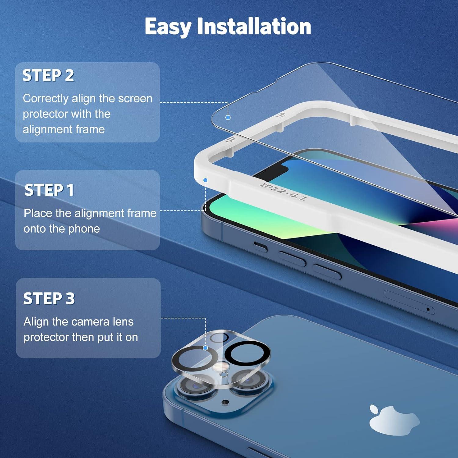 Panzer Schutzglas iPhone 13 mit Rahmen, Kamerafolie 9H
