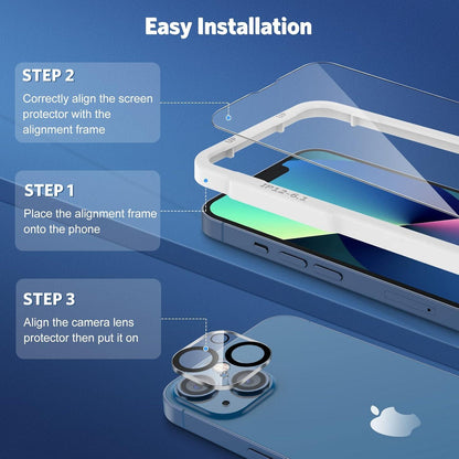 Panzer Schutzglas iPhone 13 mit Rahmen, Kamerafolie 9H