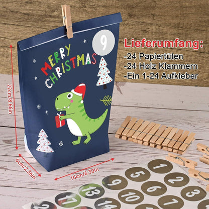Adventskalender Dinosaurier Motiv Kraftpapiertüten Set