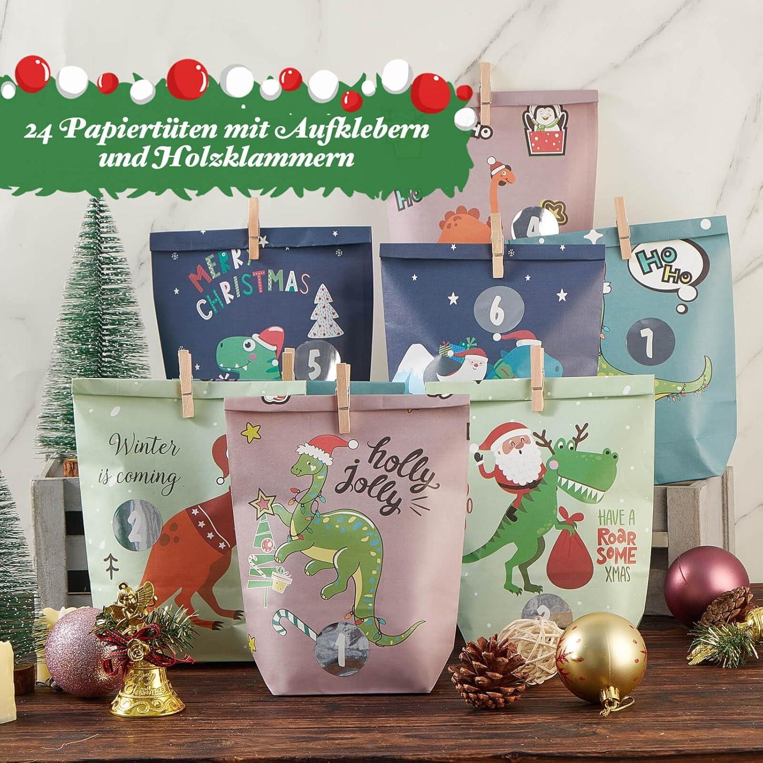 Adventskalender bunte Dinosaurier Papiertüten zum Befüllen
