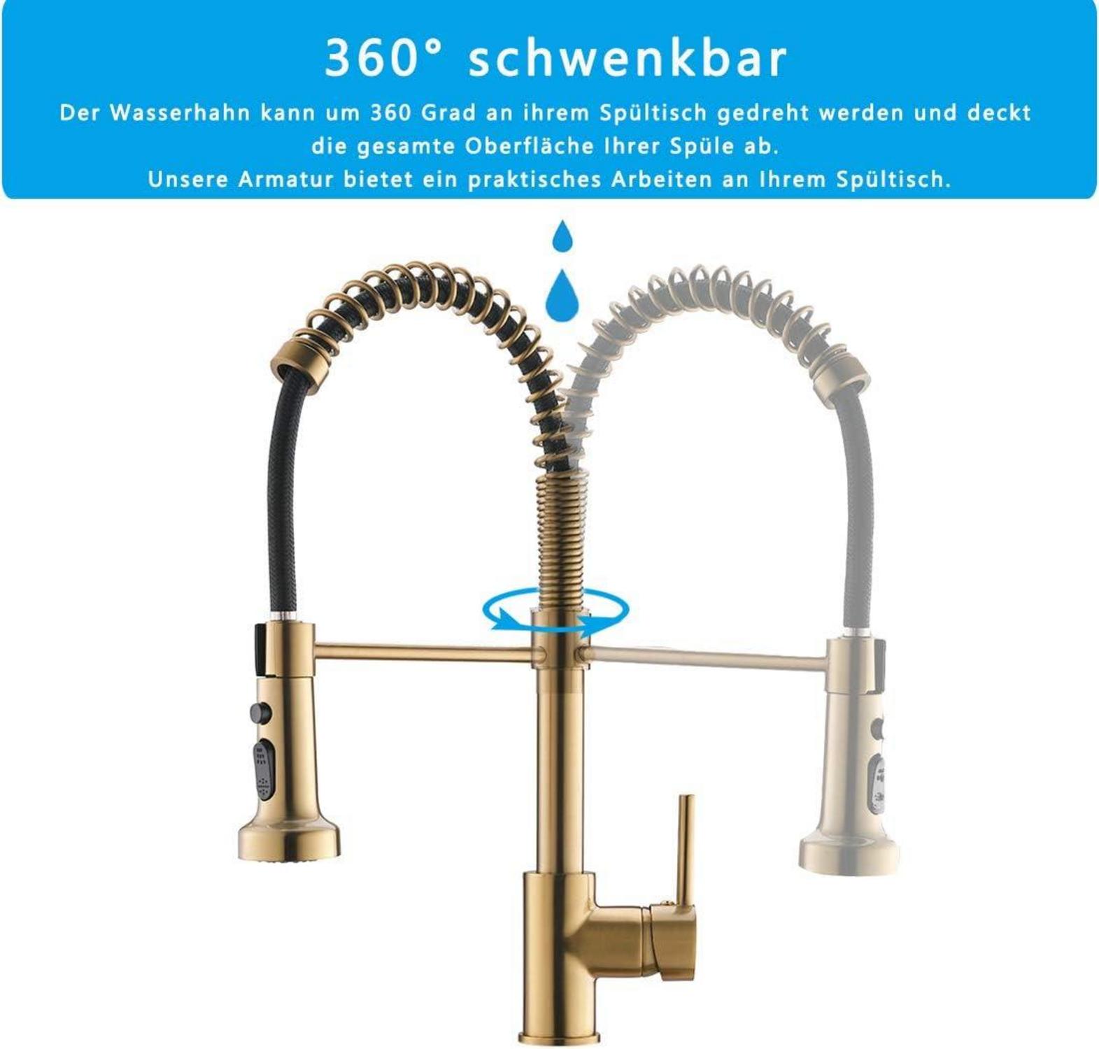 TIMACO Gold Küchenarmatur mit Pull-Down-Sprühgerät und 360° Drehbar