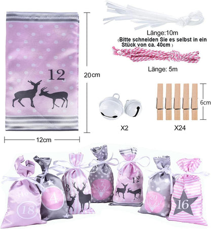 Adventskalender Weihnachtskalender Selbstbefüllen Rosa Grau Stoff Säckchen 24