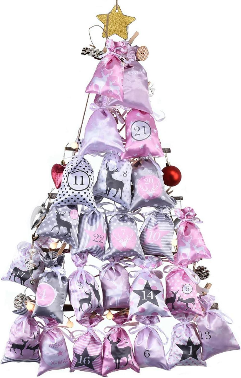 DIY Adventskalender zum Befüllen Weihnachtskalender Set Rosa Grau 24 Stoffsäckchen 12x20cm