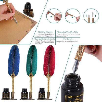 Vintage Schreibfeder Set mit Tinte und Wachssiegel