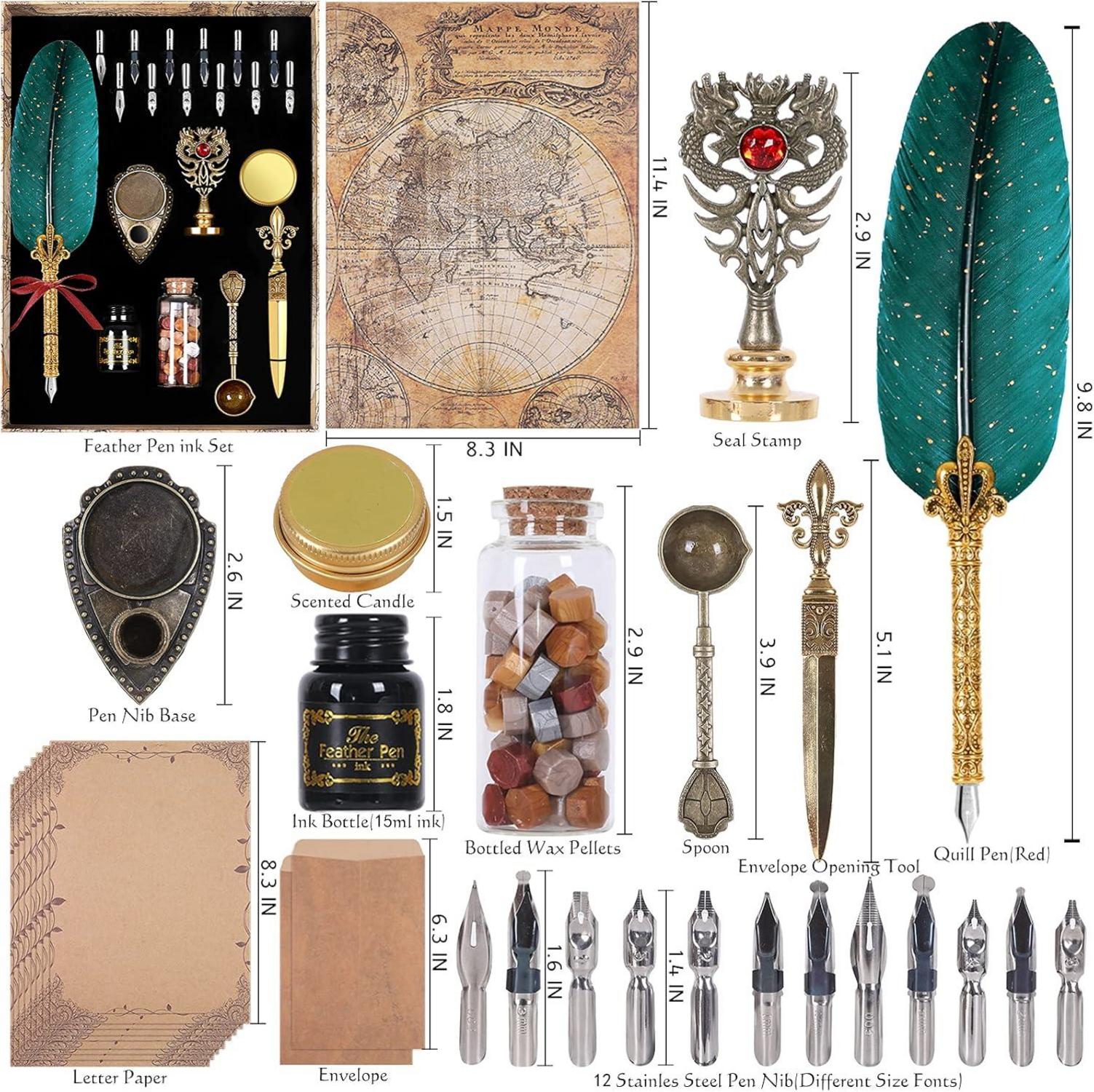 Schreibfeder Set mit Tinte, 12 Federn, Stifthalter, Umschläge, Siegel