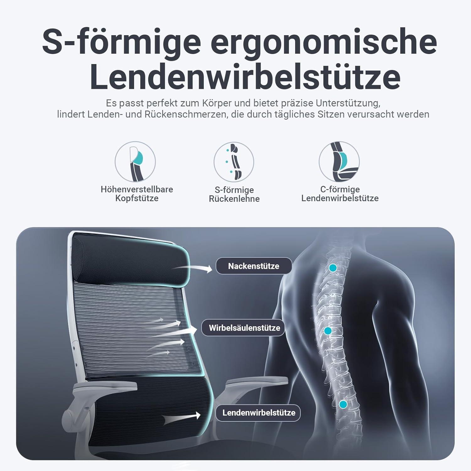 Bürostuhl Ergonomisch Mesh Schwarz inklusive EN1335, Verstellbare Kopfstütze & Lendenwirbelstütze