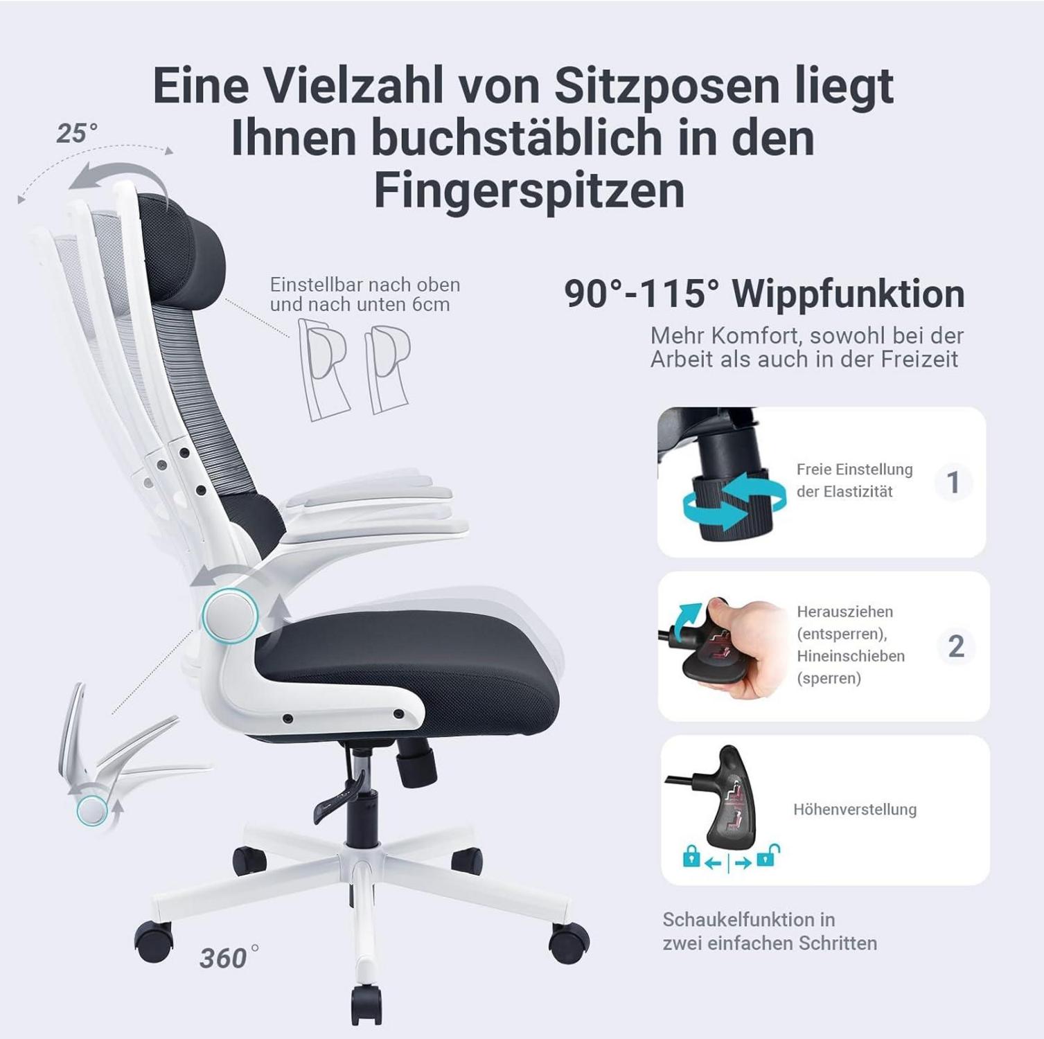 Ergonomischer Bürostuhl Schwarz Mesh Kopfstütze Lendenwirbelstütze