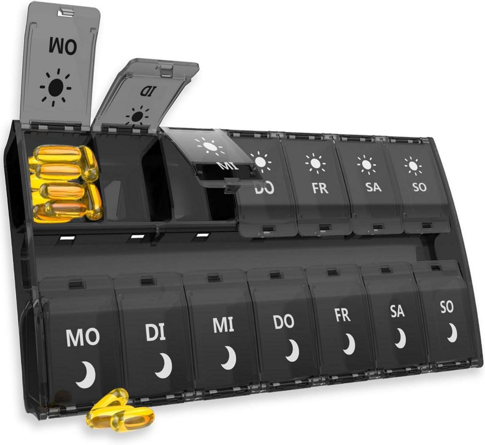 XL Pillen-Organizer 7 Tage 14 Fächer Scharnierdeckel-Design Schwarz