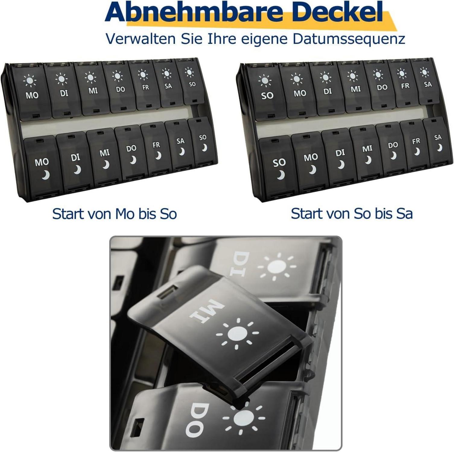 XL Pillen-Organizer 7 Tage 2 mal täglich Schwarz Fächer Scharnierdeckel