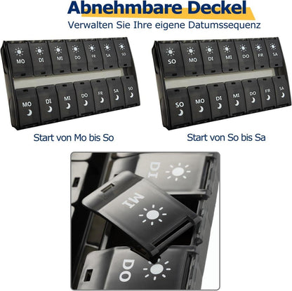 XL Pillen-Organizer 7 Tage 2 mal täglich Schwarz Fächer Scharnierdeckel