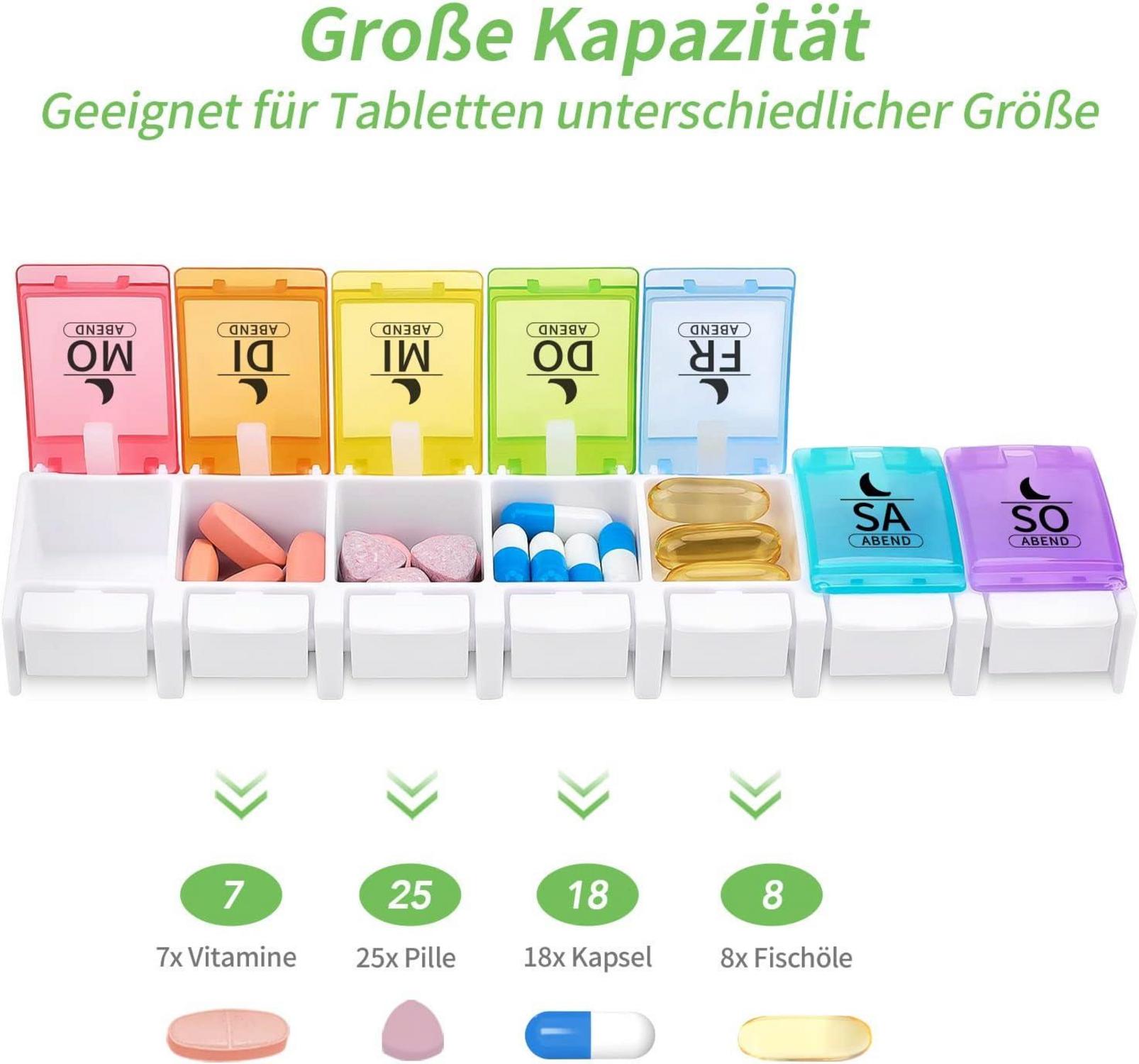 Tablettenbox 7 Tage XXL Fächer - Pillendose Morgens Abends - Medikamentenbox 14 Tage - BPA-frei