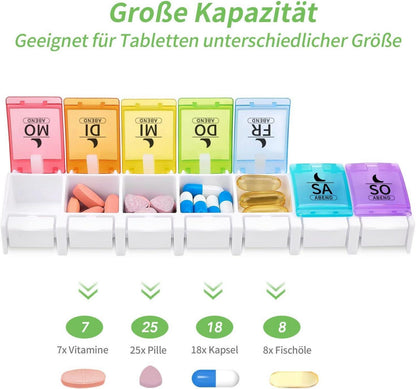 Tablettenbox 7 Tage XXL Fächer - Pillendose Morgens Abends - Medikamentenbox 14 Tage - BPA-frei
