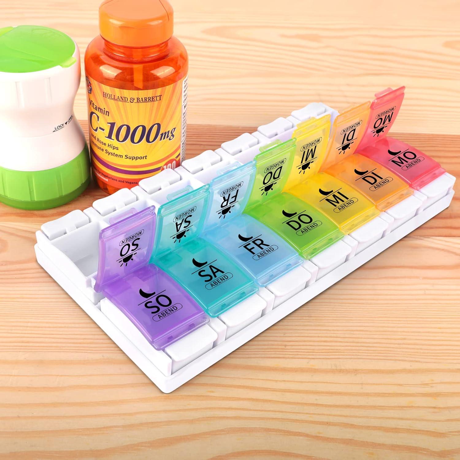 Tablettenbox 7 Tage XXL Fächer - Pillendose Morgens Abends - Medikamentenbox 14 Tage - BPA-frei