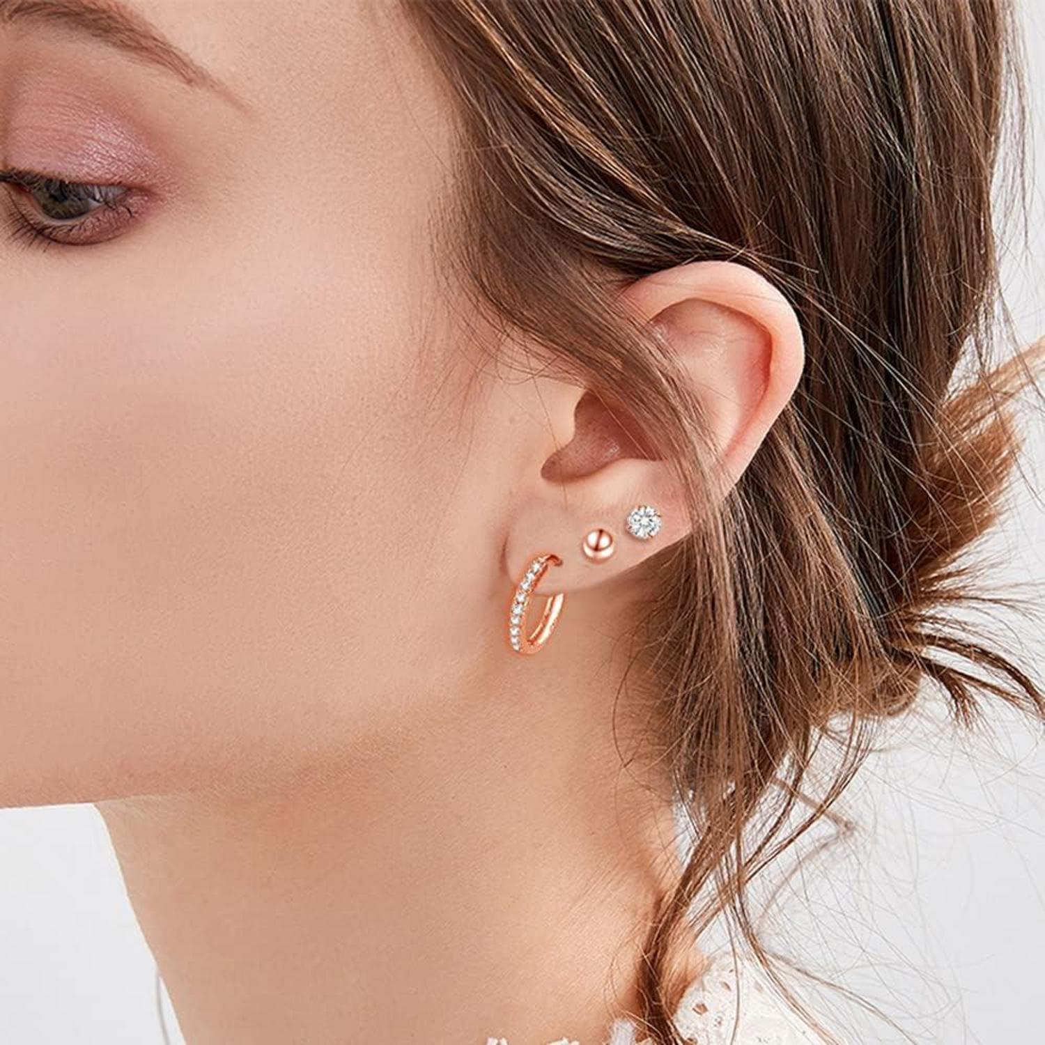 Damen Ohrstecker Creolen Set 925 Silber Rose Gold 14mm 5mm 3 Paare