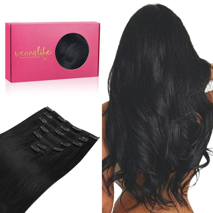 Echthaar Clip-Ins 60cm, Tief Schwarz – Remy Haarverlängerung
