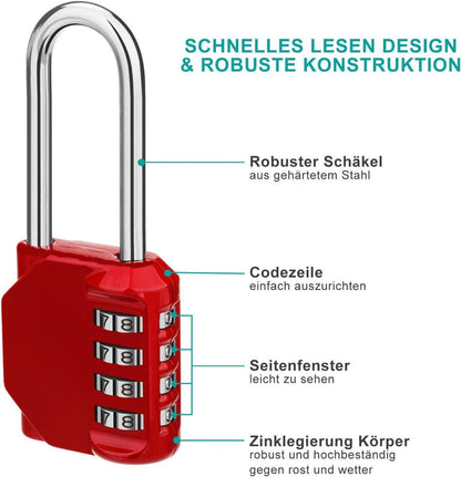 Zahlenschloss langer Bügel | 4-stellig wetterfest - Rot