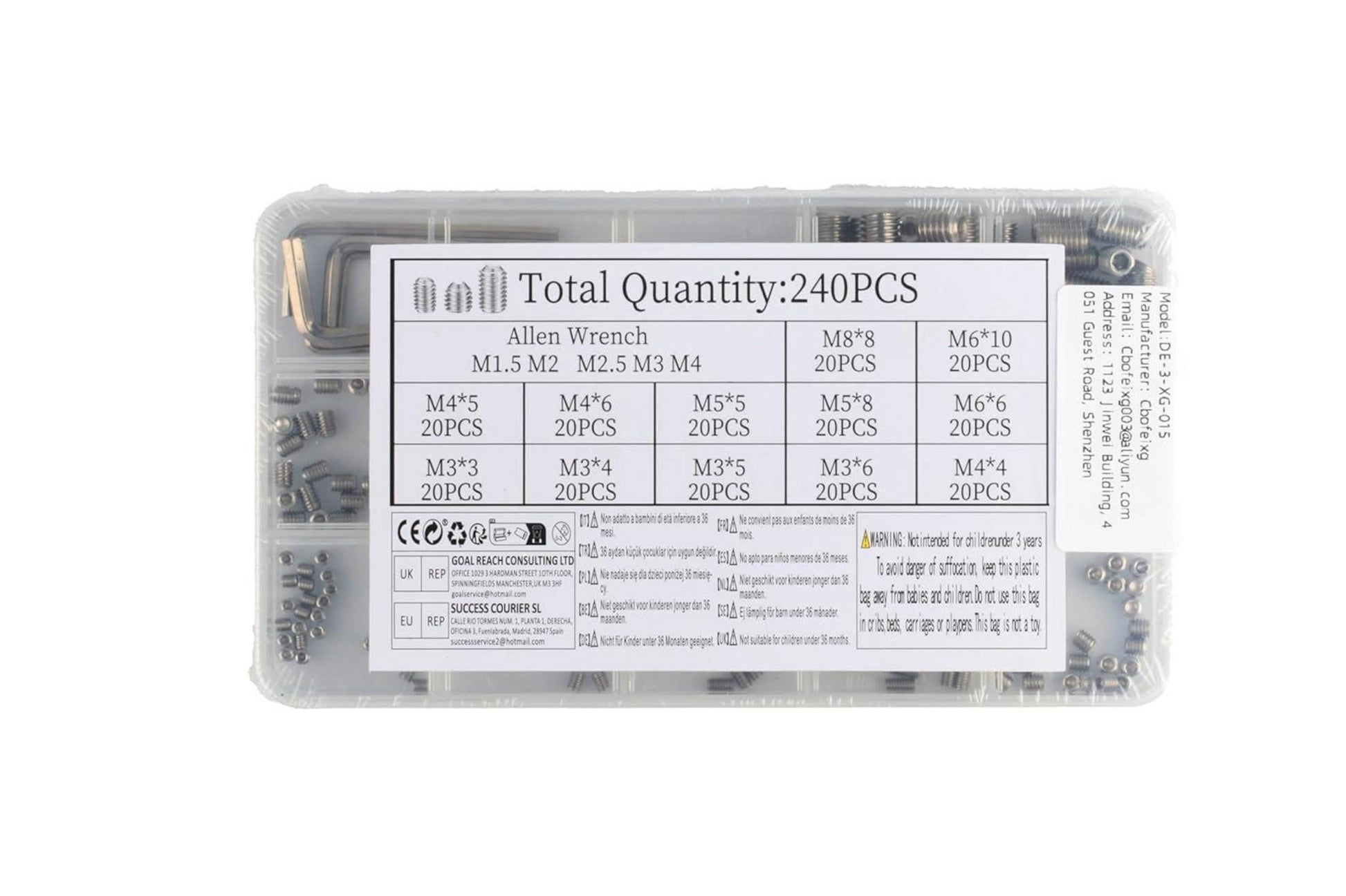 240-teiliger Edelstahl Madenschrauben Set mit Innensechskant - M3/M4/M5/M6/M8
