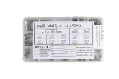 240-teiliger Edelstahl Madenschrauben Set mit Innensechskant - M3/M4/M5/M6/M8