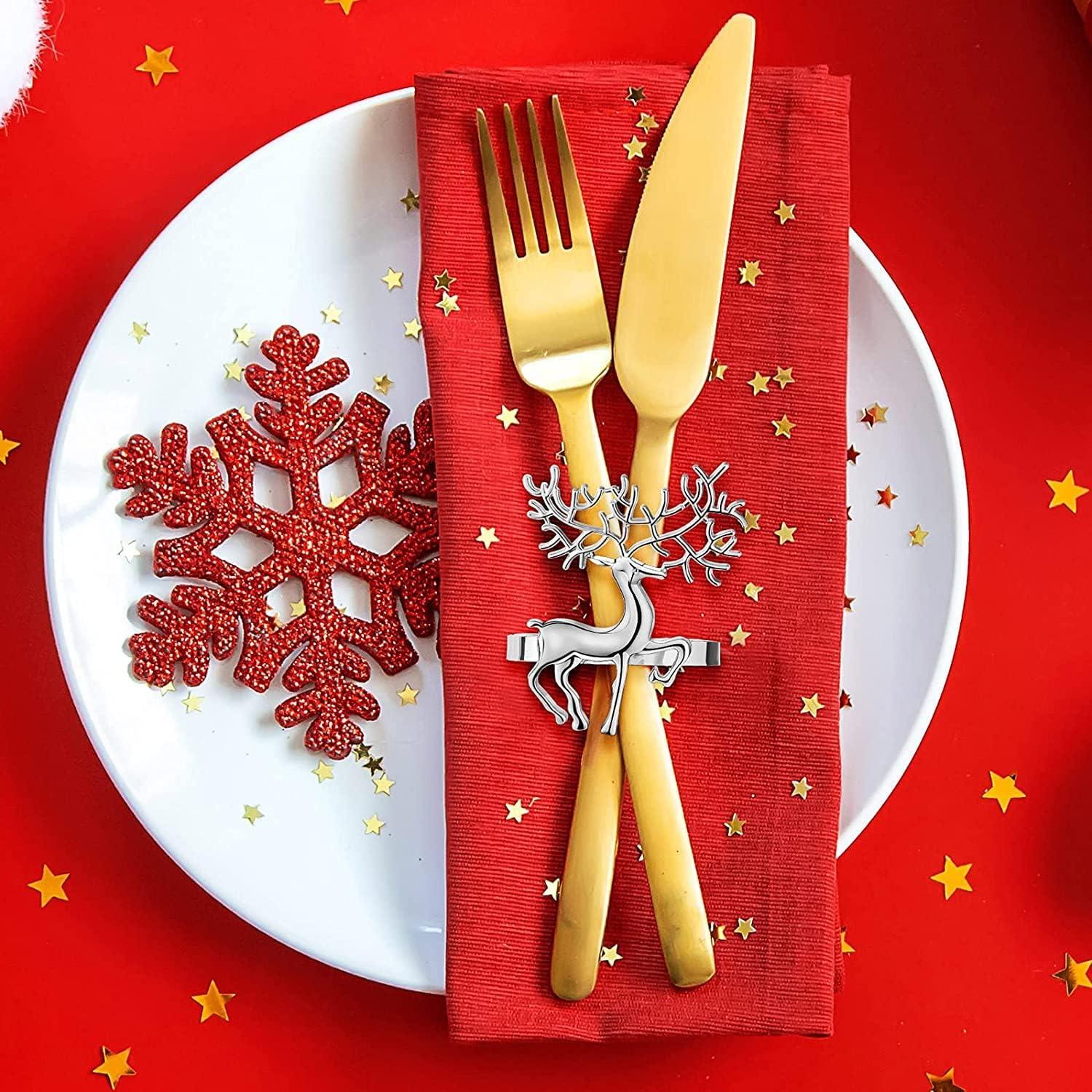 Weihnachten Rentier Serviettenringe, 12 Stück, 6CM, Silber, Tischdekoration
