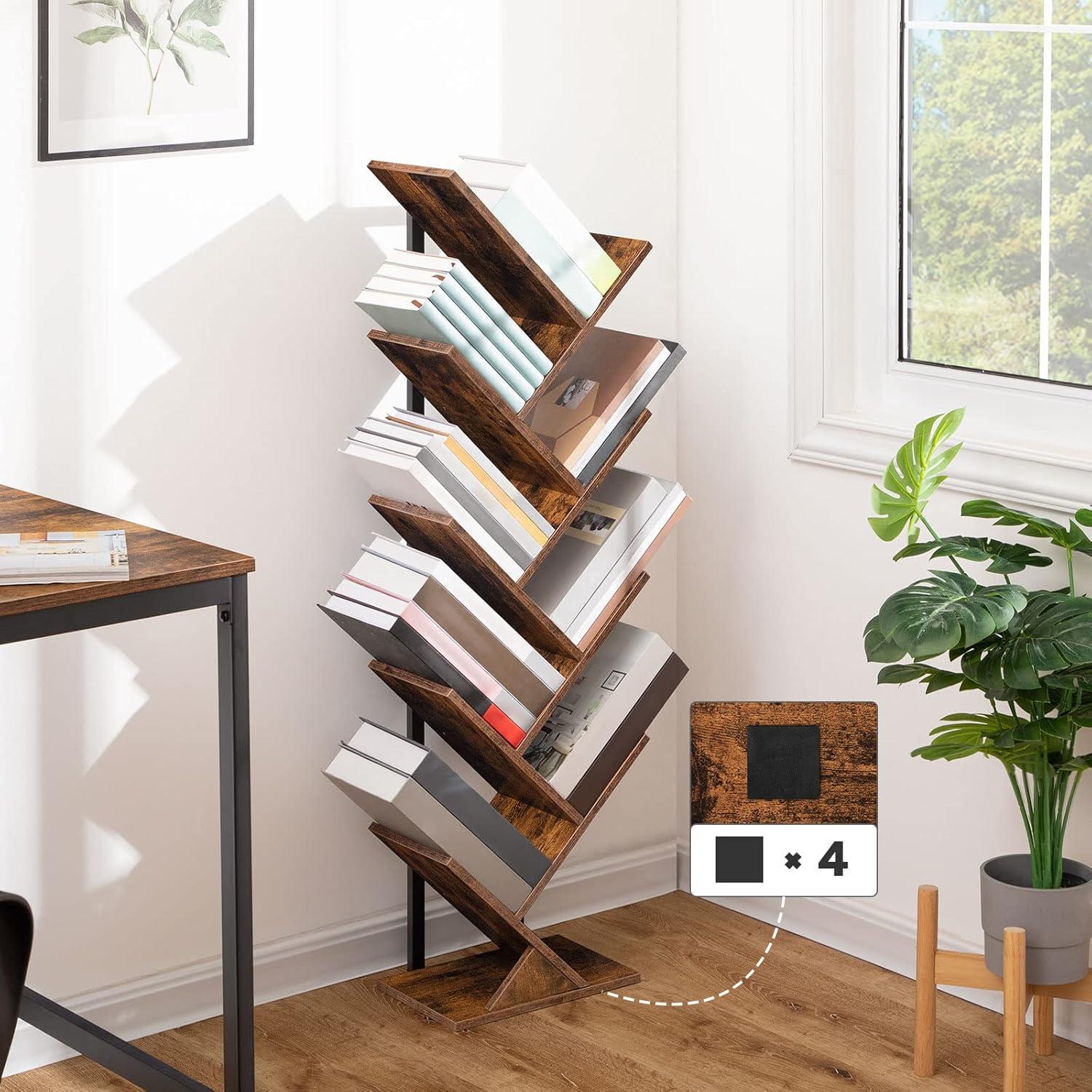 HOOBRO Bücherregal Baumform 9 Ebenen Metallgestell Vintagebraun 34x20x116 cm