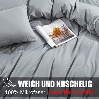Soifox Bettwäsche Set 220x240 Grau Mikrofaser bügelfrei