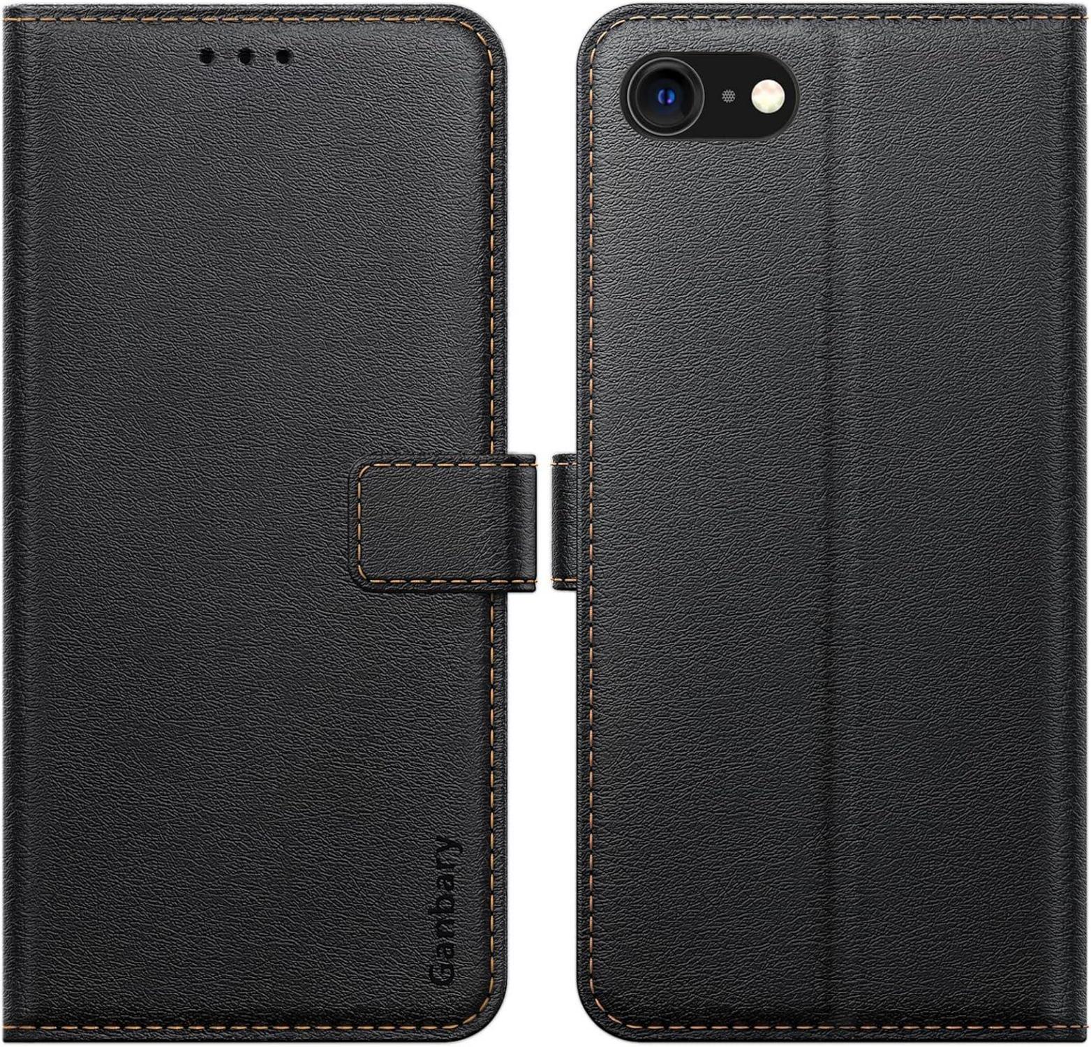 iPhone SE 2022/2020 Handyhülle Leder Schwarz, Kartenfächer, Standfunktion