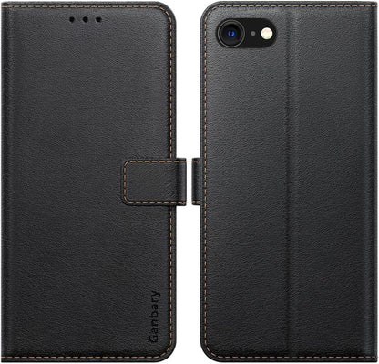 iPhone SE 2022/2020 Handyhülle Leder Schwarz, Kartenfächer, Standfunktion