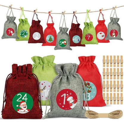 24 Adventskalender Stoffbeutel Weihnachtskalender Set Rot