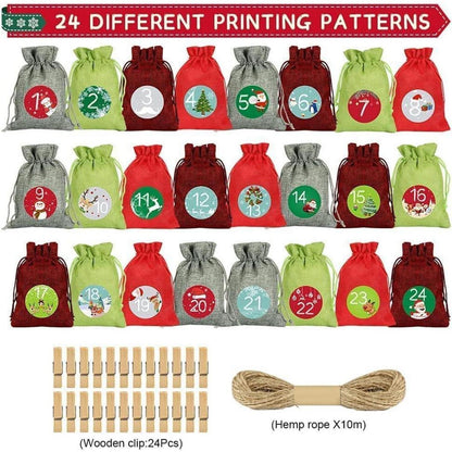 24 Adventskalender Stoffbeutel Weihnachtskalender Set Rot