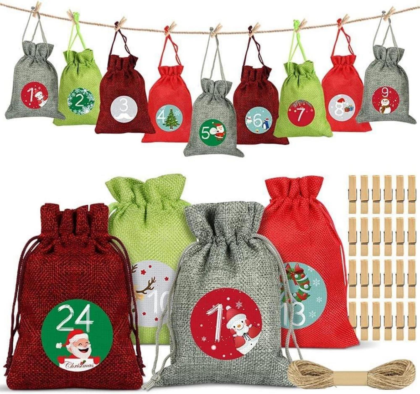Adventskalender zum Befüllen 24 Weihnachtskalender Stoffbeutel Rot