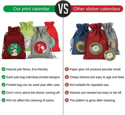 Adventskalender zum Befüllen Set 24 Weihnachtskalender Stoffbeutel Rot Grün