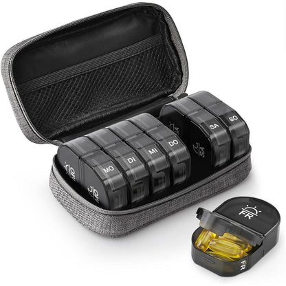 AUVON Tablettenbox 7 Tage 2 Fächer mit Stofftasche Grau